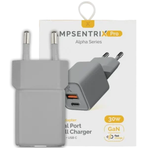AmpSentrix Pro 30W 2-in-1 USB-C / USB-A GaN Wall Adapter (220V / EU Plug) (Natural Titanium)