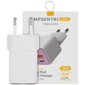 AmpSentrix Pro 30W 2-in-1 USB-C / USB-A GaN Wall Adapter (220V / EU Plug) (Pink)