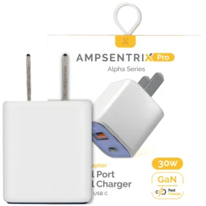 AmpSentrix Pro 30W 2-in-1 USB-C / USB-A GaN Wall Adapter (Ultramarine)